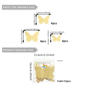Detailed size guide for 12pcs gold mirror 3D butterfly wall stickers showing three dimensions