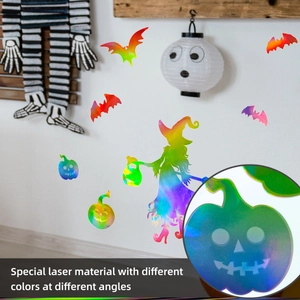 Stickers muraux Halloween laser holographique avec sorcière et citrouille décorative