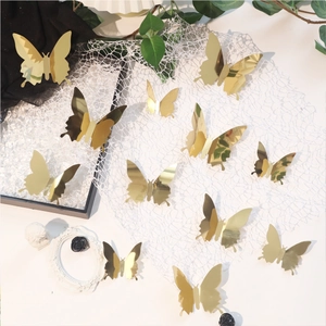 Set of 12 golden 3D mirror butterfly wall stickers for elegant home party decoration