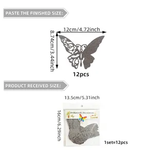 Detailed size specifications for 3D silver butterfly wall stickers in sets of 12 pieces
