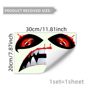 Adesivo Halloween mostro fluorescente con occhi iniettati di sangue e zanne bianche