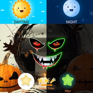 Dettaglio degli adesivi murali mostro di Halloween luminosi in condizioni di luce e buio