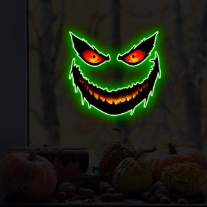 Adesivo Halloween viso malvagio neon con occhi luminosi e decoro di zucca