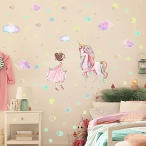 Luminous unicorn and pink girl wall stickers for children bedroom decor glow in dark