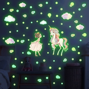 Luminous unicorn and ballerina girl wall stickers set with glowing night sky dots