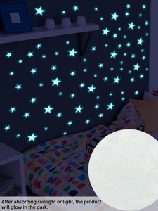 Luminous star wall stickers showing day and night glow effect in dark bedroom