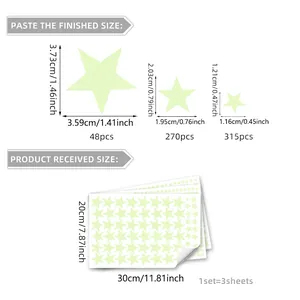 Size chart for luminous star wall stickers showing 633 pieces in three different sizes