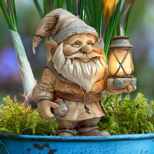 Illuminated garden gnome statue with lantern and resin wood-carved texture detail