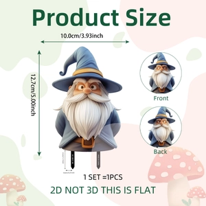 Garden gnome garden stake 2D acrylic decor with blue hat and wizard design dimensions