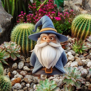 Detail of garden gnome wizard statue with blue hat among succulent plants