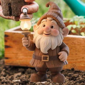 Garden gnome stake with glowing vintage lantern and carved wood texture for yard decor