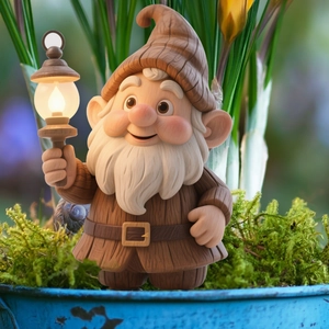 Detail of garden gnome statue with glowing lantern and realistic wood texture finish