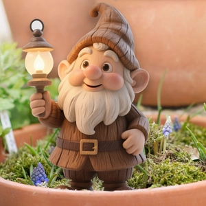 Garden gnome statue with glowing lantern and wood texture finish for outdoor decor