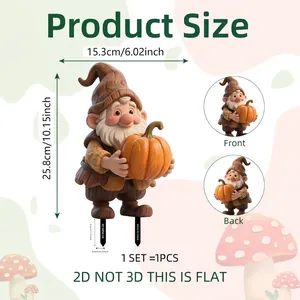 2D Garden Gnome Stake with Pumpkin design, size 10.15 x 6.02 inch front and back view