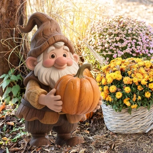 Detailed close-up of a resin garden gnome holding a pumpkin with wood grain texture