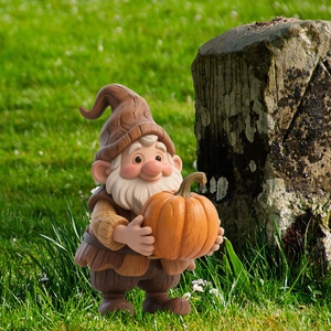 Garden gnome holding a pumpkin with wood grain texture for outdoor fall decoration