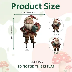 Detailed size chart for 2D PVC Santa garden stake showing front and back views