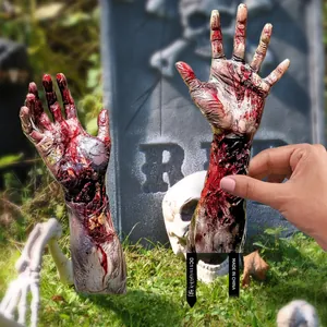 Realistic zombie arm stakes with blood print for Halloween lawn decor and atmosphere