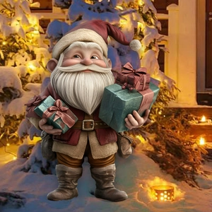 Detail of 3D Christmas gnome with red hat holding gift boxes for festive garden decoration