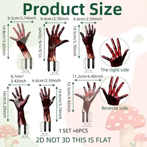 Size chart for 6pcs 2D Halloween spooky hand stakes for garden and yard decor