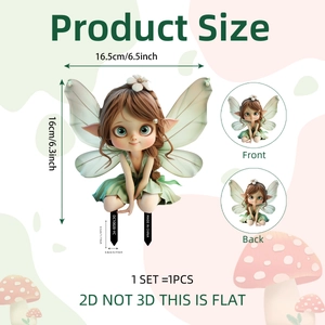 Detailed garden stake size guide showing a cute flower fairy 2D PVC decorative plug