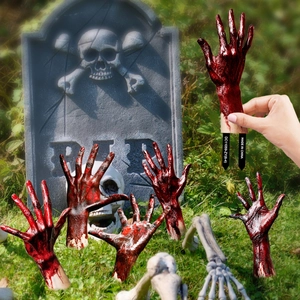 Realistic Halloween bloodied severed hand yard stakes set for scary garden decoration