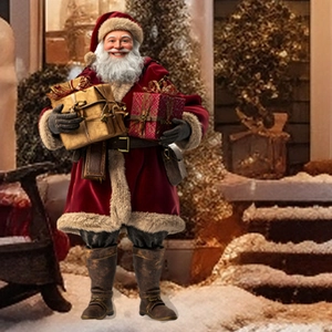 Outdoor Santa Claus garden stake decoration holding gift boxes in a snowy yard setting