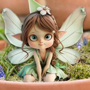 Detailed close-up of a 3D fairy garden stake with green wings in a mossy flower pot