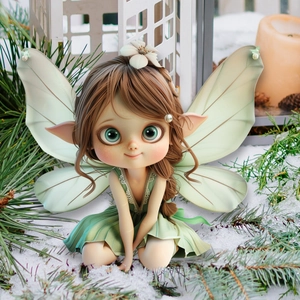 Garden fairy figurine with green wings and brown hair in a snowy pine winter setting