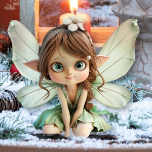 Detail of cute flower fairy garden stake with translucent wings in a snowy winter scene