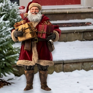 Outdoor Santa Claus garden figure in red robe holding gift boxes in snowy yard scenery
