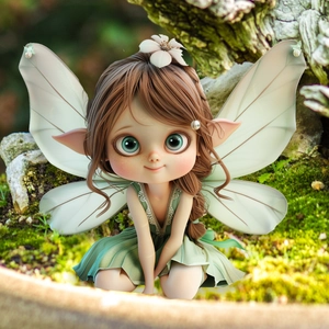 Detail of a 3D fairy garden stake with green dress and wings in a forest setting