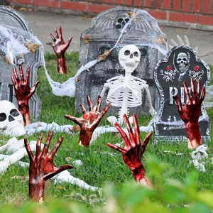 Halloween outdoor garden decor set with bloodied zombie hands, skull, and RIP tombstone
