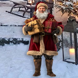 Detailed view of a Santa Claus outdoor garden stake decoration with winter snow scene