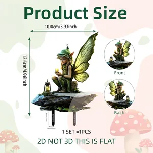 Size chart for 2D green elf garden stake showing 12.6cm height and 10cm width dimensions