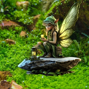 Macro shot of green garden elf figure with wings and vintage lantern among moss