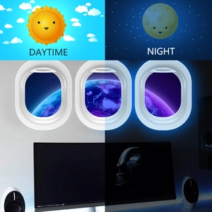 Luminous airplane window wall stickers with glowing blue starry sky and earth night view