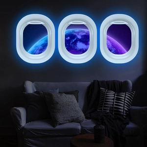 Three-piece airplane window planet wall decals with glowing blue LED effect for home decor