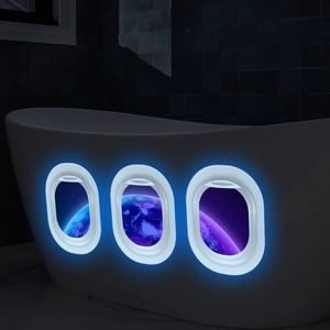 Glow-in-the-dark airplane window wall sticker with blue planet view for home decor