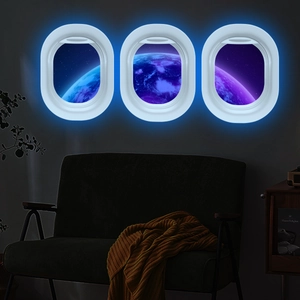 Three airplane window wall decals with blue LED glow showing Earth view in space