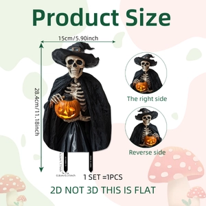 Detailed dimensions of 2D Halloween skeleton stakes with wizard hat and pumpkin design