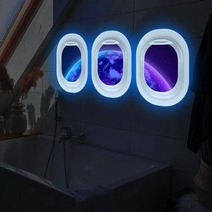 Three creative airplane window wall lights with blue glowing earth and starry space scenery