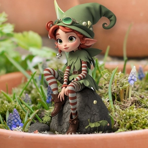 Detailed view of miniature elf girl figurine with red hair sitting in a garden pot