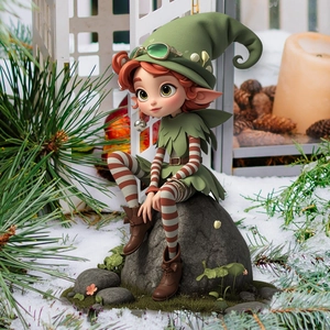 Creative green forest elf garden stake figure with goggles and festive winter background