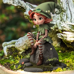 Detail of red-haired garden gnome figurine with leaf top and striped tights on moss