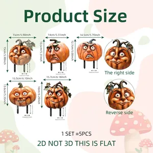 Detailed size chart for 5pcs 2D Halloween pumpkin garden stakes with measurements