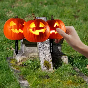 Three glowing Halloween jack-o-lantern pumpkin garden stakes set on green grass