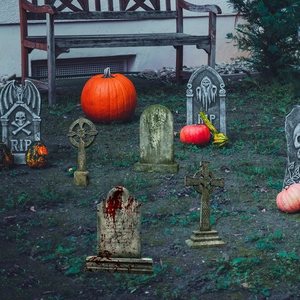 Detailed view of Halloween tombstone and cross yard signs with realistic textures and RIP text