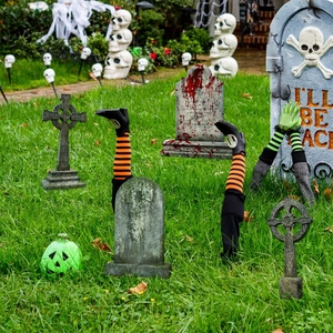 Detailed set of Halloween yard signs featuring tombstones, witch legs and skeleton skulls