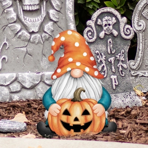 Halloween tuinsteker kabouter met pompoenlamp en polkadot muts decoratie